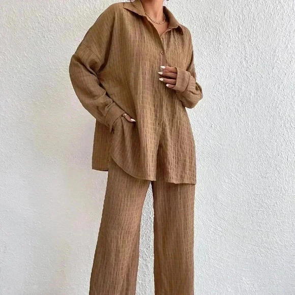 Brown Casual Women's Solid Drop Shoulder Shirt & Wide Leg Pants - Picture 1 of 6